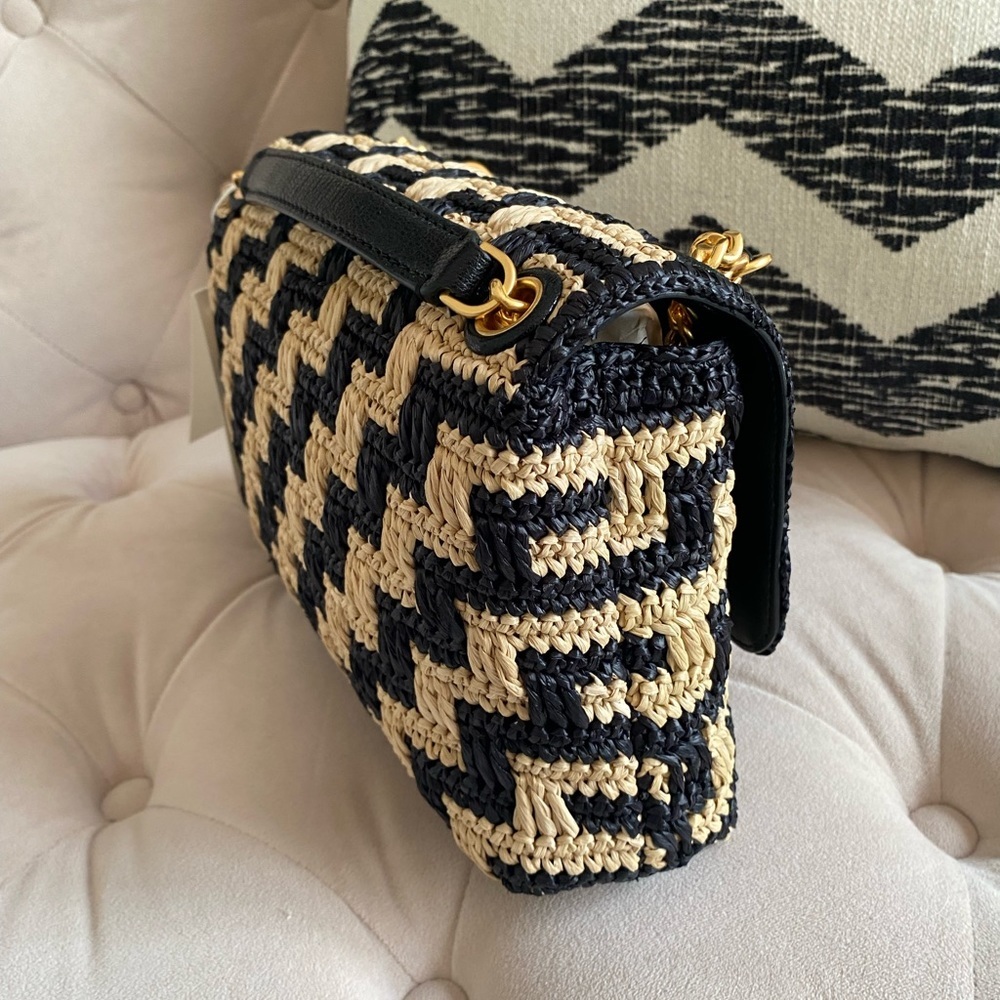 Tory Burch Willa Straw Small Shoulder Bag Black & Pale Khaki - Picture 3 of 14